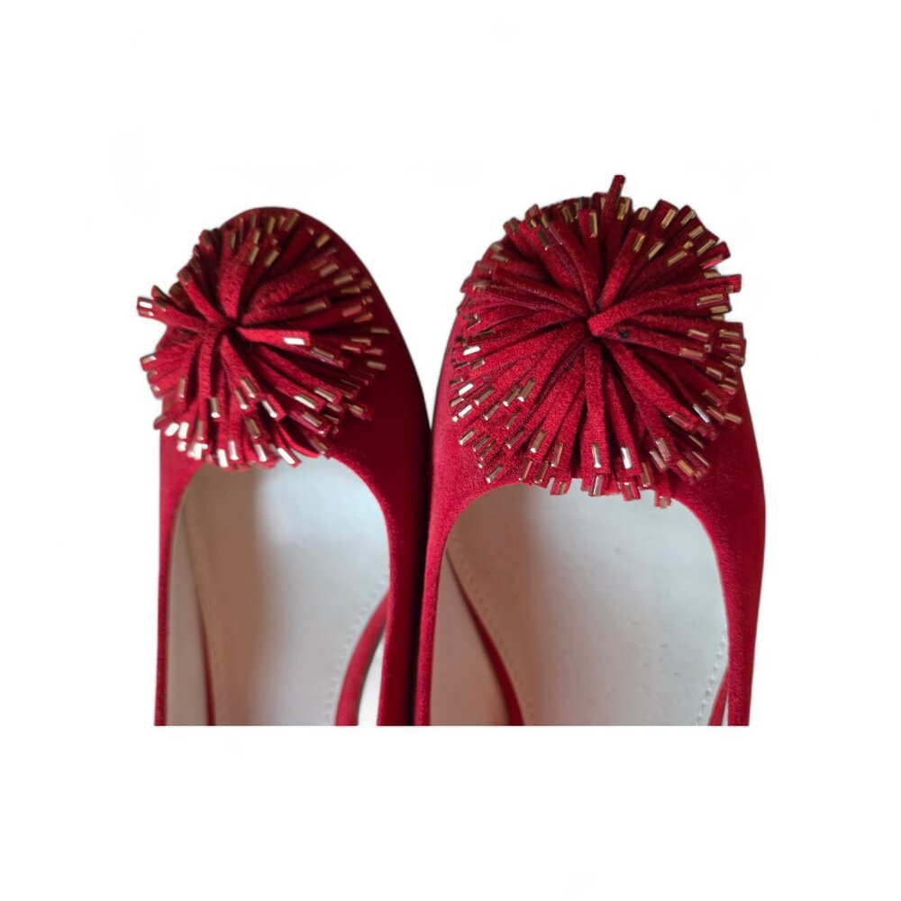 NWOB Anne Klein Red Suede Cocktail Heels - Gold Metallic Trim & Pom-Pom - Picture 3 of 5